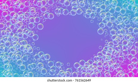 Bath foam on gradient background. Realistic water bubbles 3d. Cool rainbow colored liquid foam with shampoo bubbles. Cosmetic flyer and invite. Bath foam for bathroom and shower. Vector EPS10.