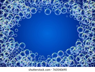 Bath foam on gradient background. Realistic water bubbles 3d. Cool rainbow colored liquid foam with shampoo bubbles. Horizontal cosmetic flyer and invite. Bath foam for bathroom and shower.