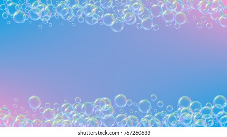 Bath foam on gradient background. Realistic water bubbles 3d. Cool rainbow colored liquid foam with shampoo bubbles. Cosmetic flyer and invite. Bath foam for bathroom and shower. Vector EPS10.