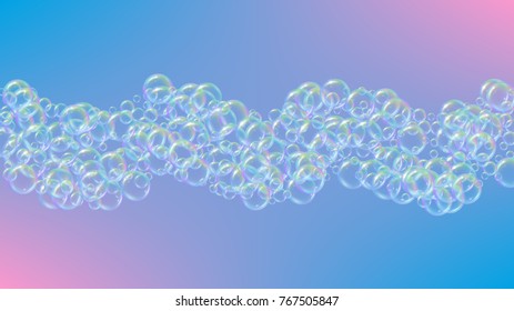 Bath foam on gradient background. Realistic water bubbles 3d. Cool rainbow colored liquid foam with shampoo bubbles. Cosmetic flyer and invite. Bath foam for bathroom and shower. Vector EPS10.