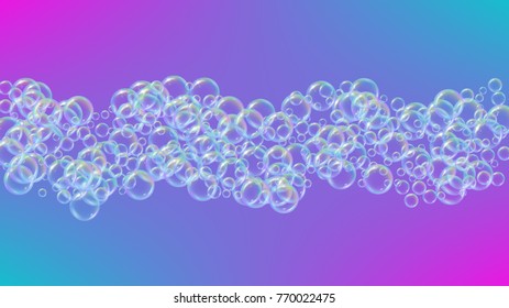 Bath foam on gradient background. Realistic water bubbles 3d. Cool rainbow colored liquid foam with shampoo bubbles. Cosmetic flyer and invite. Bath foam for bathroom and shower. Vector EPS10.