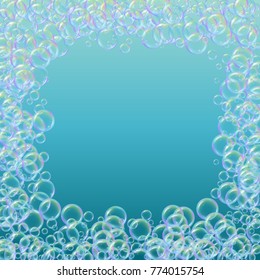 Bath foam on gradient background. Realistic water bubbles 3d. Cool rainbow colored liquid with shampoo bubbles. Cosmetic flyer and invite. Bath foam for bathroom and shower. Vector EPS10.