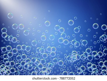 Bath foam on gradient background. Realistic water bubbles 3d. Cool rainbow colored liquid foam with shampoo bubbles. Horizontal cosmetic flyer and invite. Bath foam for bathroom and shower.