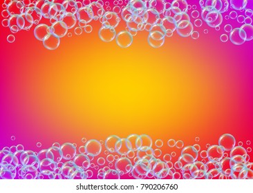 Bath foam on gradient background. Realistic water bubbles 3d. Cool rainbow colored liquid foam with shampoo bubbles. Horizontal cosmetic flyer and invite. Bath foam for bathroom and shower.