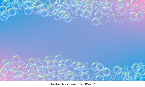 Bath foam on gradient background. Realistic water bubbles 3d. Cool rainbow colored liquid foam with shampoo bubbles. Cosmetic flyer and invite. Bath foam for bathroom and shower. Vector EPS10.