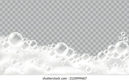 Bath foam realistic concept large bubbles of lush white foam on the surface with transparent background vector illustration