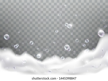 Bath foam realistic vector illustration on transparent background. White soap suds with rainbow air bubbles, shampoo bubbles or foaming detergent texture, frame or border for design