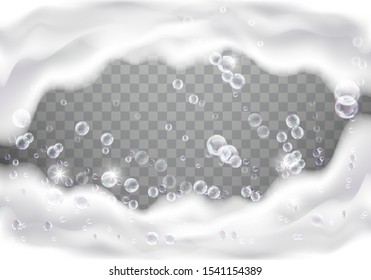 Bath foam realistic vector illustration on transparent background. White soap suds with rainbow air bubbles, shampoo bubbles or foaming detergent texture, frame or border for design