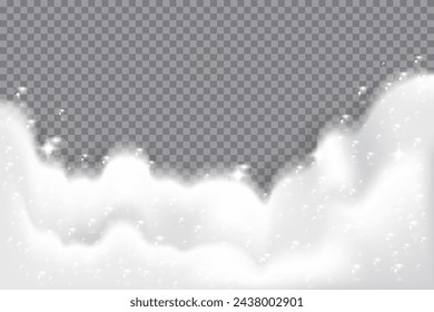 Bath foam realistic vector illustration on a transparent background. Shampoo bubbles texture Border design. 3d vector illustration