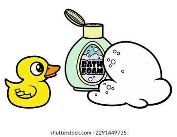 Bath foam and rubber duck color variation for coloring page on white background