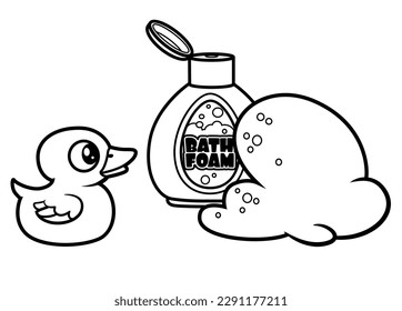 Bath foam and rubber duck outlined on white background