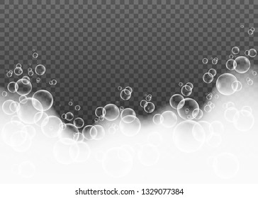 Bath foam with shampoo bubbles isolated on transparent background. Vector soap suds effect.