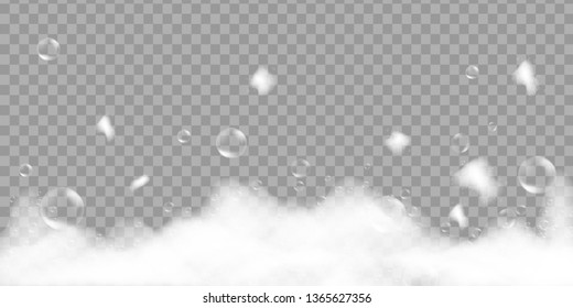 Bath foam with shampoo bubbles isolated on transparent background. Flow of soap and shampoos, Foam effect. Vector shaving, mousse for your advertising design. 