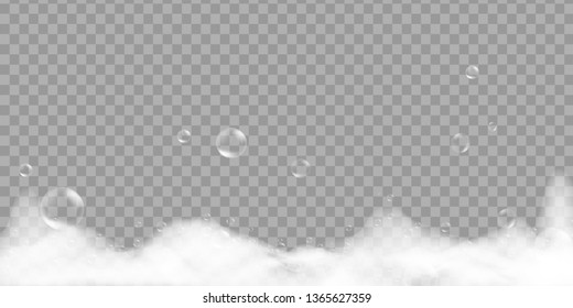 Bath foam with shampoo bubbles isolated on transparent background. Flow of soap and shampoos, Foam effect. Vector shaving, mousse for your advertising design. 