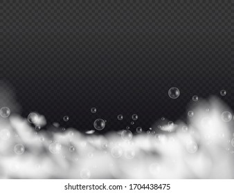 Bath foam with shampoo bubbles isolated on a transparent background. Vector shave, foam mousse with bubbles top view template for your advertising design.