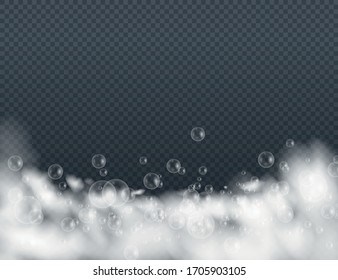 Bath-Schaum mit Shampoo-Blasen einzeln auf transparentem Hintergrund. Vektorillustration Rasierapparat, Schaummäuse mit Bläschen Top-View-Vorlage für Ihr Werbedesign.