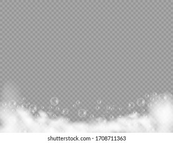 Bath foam with shampoo bubbles isolated on a transparent background. Vector shave, foam mousse with bubbles top view template for your advertising design.