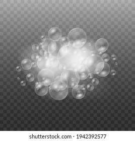 Bath foam with shampoo bubbles isolated on a transparent background. Vector shave, foam mousse with bubbles top view template for your advertising design.