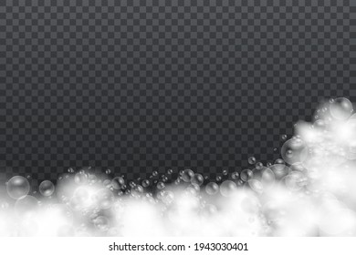 Espuma de baño con burbujas de champú aisladas en un fondo transparente. Sombreado vectorial, mousse de espuma con plantilla de vista superior de burbujas para su diseño publicitario.