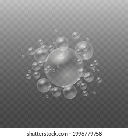 Espuma de baño con burbujas de champú aisladas en un fondo transparente. Sombreado vectorial, mousse de espuma con plantilla de vista superior de burbujas para su diseño publicitario.