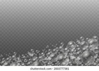 Espuma de baño con burbujas de champú aisladas en un fondo transparente. Sombreado vectorial, mousse de espuma con plantilla de vista superior de burbujas para su diseño publicitario.