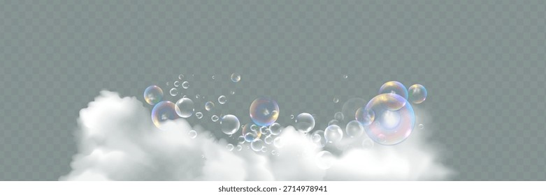Espuma de banho com bolhas de shampoo isoladas em um fundo transparente.