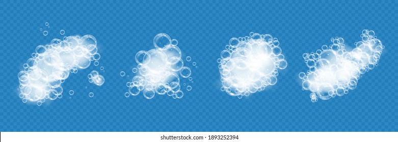 Bath foam with soap bubbles isolated on transparent background. Realistic soap sud texture. Vector illustration of shampoo, gel or facial mousse lather top view