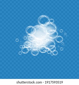 Bath foam with soap bubbles isolated on transparent background. Realistic soap sud texture. Vector illustration of shampoo, gel or facial mousse lather top view
