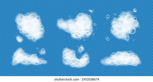 Bath foam with soap bubbles isolated on transparent background. Realistic soap sud texture. Vector illustration of shampoo, gel or facial mousse lather top view.