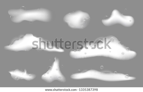 Bath\
foam soap isolated on grey background. Set of bath foam shampoo\
bubbles texture.Liquid vector white shaving,\
mousse.