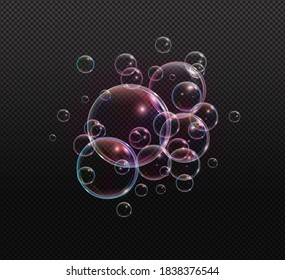 Jabón de espuma de baño con burbujas de neón ilustraciones vectoriales aisladas sobre fondo transparente. Nube de colores de burbujas que soplan y espuma de jabón