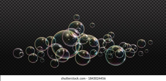 Jabón de espuma de baño con burbujas de neón ilustraciones vectoriales aisladas sobre fondo transparente. Nube de colores de burbujas que soplan y espuma de jabón