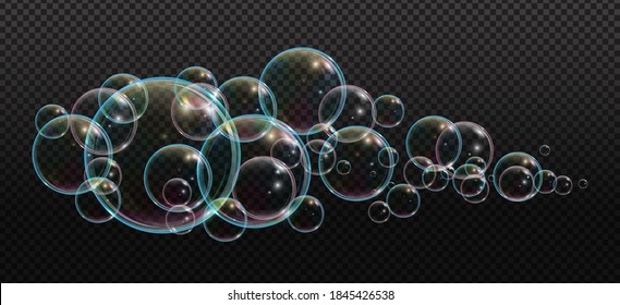 Jabón de espuma de baño con burbujas de neón ilustraciones vectoriales aisladas sobre fondo transparente. Nube de colores de burbujas que soplan y espuma de jabón