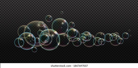 Jabón de espuma de baño con burbujas de neón ilustraciones vectoriales aisladas sobre fondo transparente. Nube de colores de burbujas que soplan y espuma de jabón