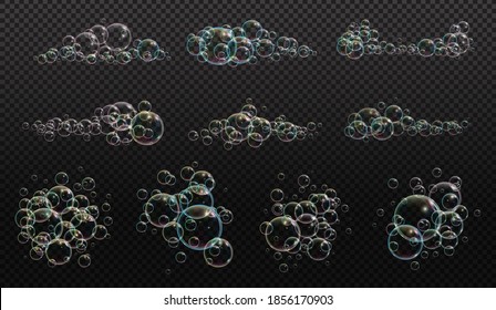 Bath foam soap with neon bubbles isolated vector illustration on transparent background. Colorful cloud of blowing bubbles and soapy foam. Set of cloud