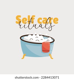 Bath with foam and towel. Text Self care rituals. Take a hot bath. Self care poster. Flat vector illustration.