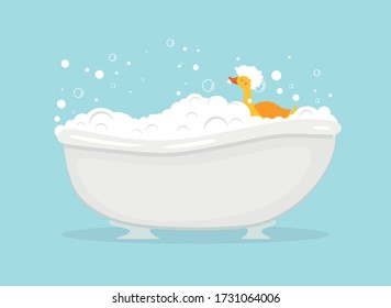 Bath with foam and toy duck, bubble water foam. Bath time vector illustration with soap foam and yellow  duck