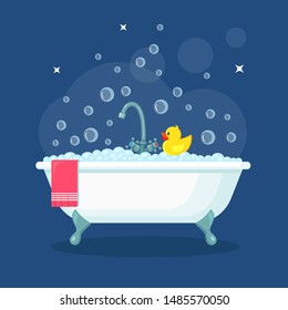 Bath full of foam with bubbles isolated on background. Bathroom interior. Shower taps, soap, bathtub, rubber duck and pink towel. Comfortable equipment for bathing and relaxing. Vector flat design