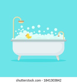 Bath full of foam with bubbles isolated on background. Bathroom interior. Shower taps, bathtub, rubber duck. 