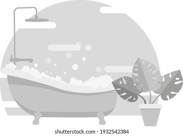 Bath full of foam with bubbles isolated on background. Bathroom interior. Vector monochrome flat design on light background.