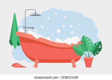 Bad voll von Schaumstoff mit Luftblasen einzeln auf dem Hintergrund.Badezimmer Inneneinrichtung - Badewanne, Duschvorhang, Handtuch, Hausschuhe, Hauspflanze. Vektor minimalistisches flaches Design auf hellem Hintergrund.