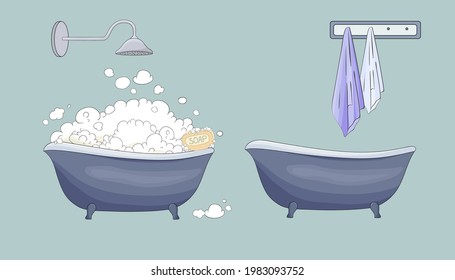 Bain plein de mousse avec bulles isolées sur fond gris. Baignoire rétro vide. L'élément design de la salle de bains. Image vectorielle bain en mousse avec bulles de savon. Savon, pommeau de douche à serviettes.Style esquisse.