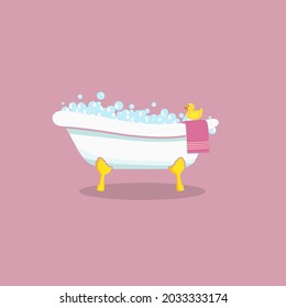 Bath full of foam with bubbles isolated on background. Bathroom interior. Rubber duck and pink towel. Comfortable equipment for bathing and relaxing. Vector flat design