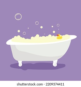 Bath full of foam with bubbles isolated on background. Shower taps, soap, bathtub, rubber duck