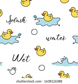 Bath fun background - seamless pattern with doodle rubber toy ducks.