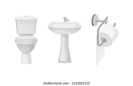 Bath furniture set. Toilet bowl, sink and toilet paper holder vector illustration