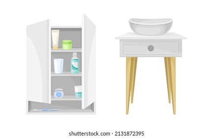 Bath furniture set. Washbasin cabinet with mirror vector illustration