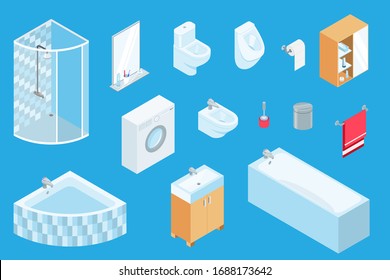 Bath furniture, vector isometric constructor of sanitary engineering, bathroom interior 3d design. Bath, shower, lavatory, sinks and laundry washer. Isolated furniture elements on blue.