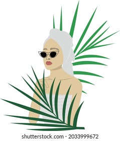 Bath girl flat illustration with plants, Woman with tropical green plants, plant lover illustration