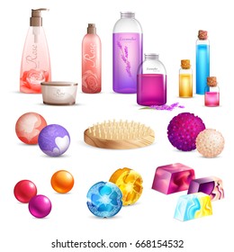 Bath handmade cosmetics composition with set of colorful product packaging pieces of soap and shower pouf vector illustration